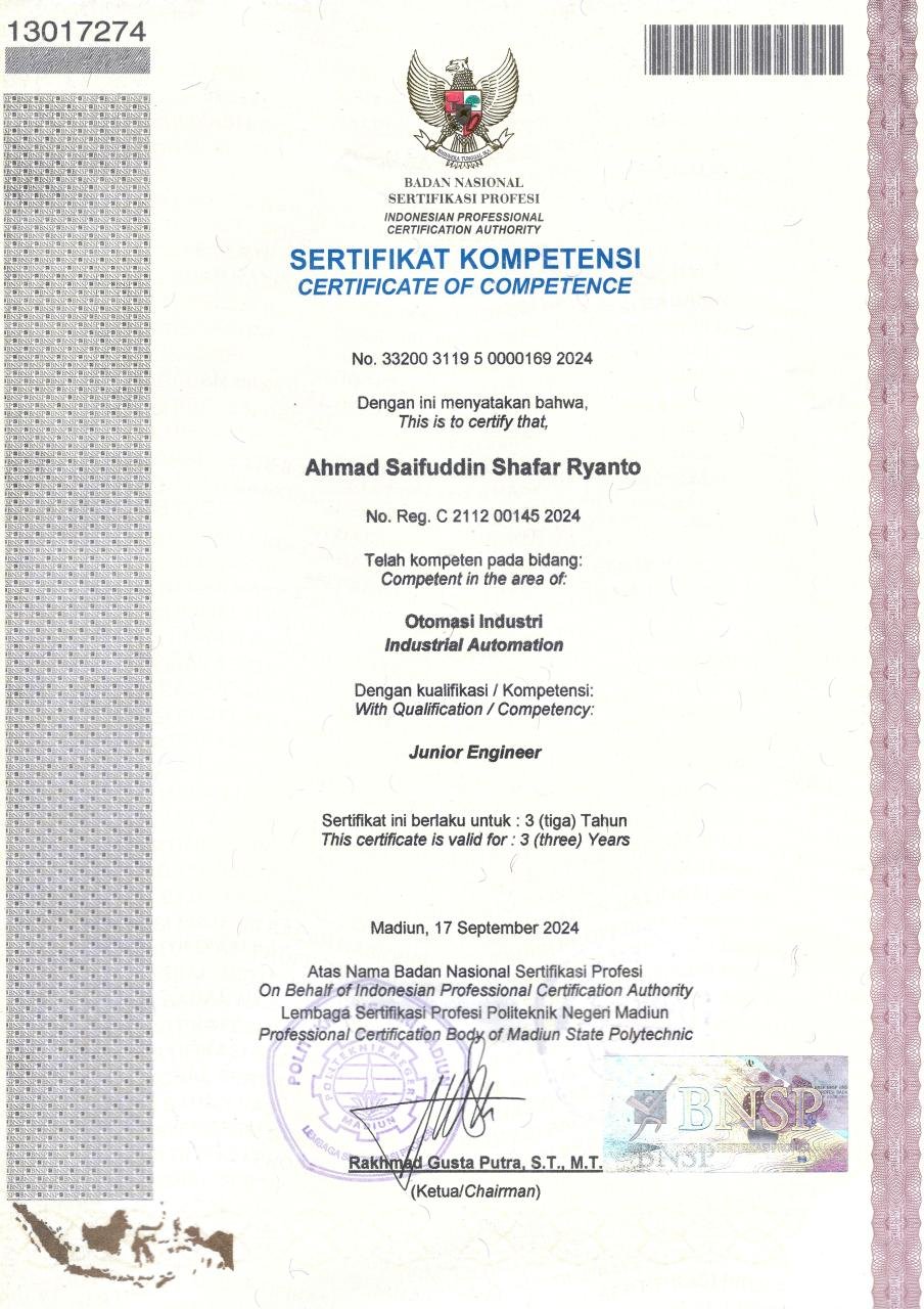 BNSP certificate of competence, Industrial Automation, Junior Engineer