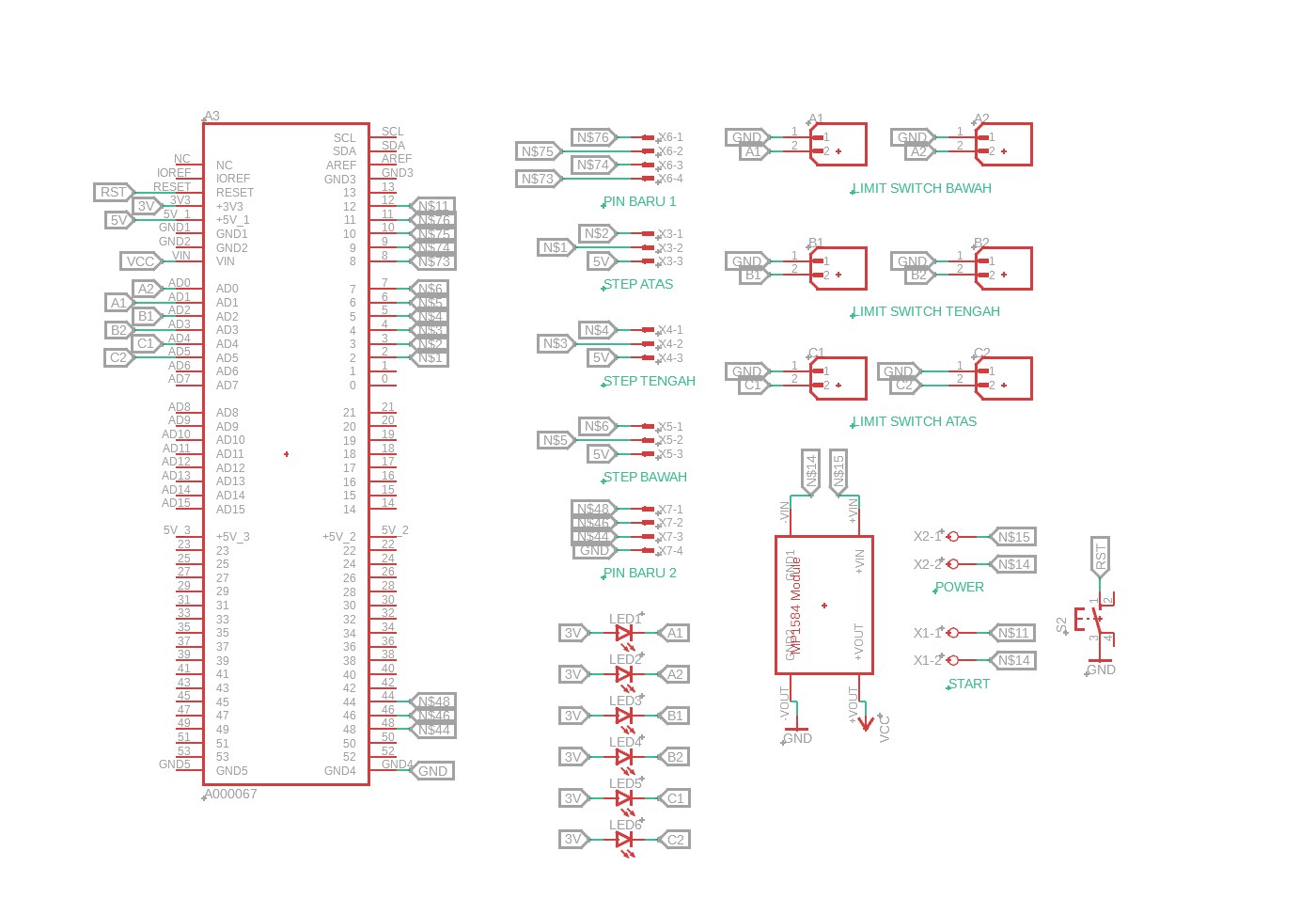 Schematic of the controller: Arduino Mega, stepper ports, limit switches, buck converter