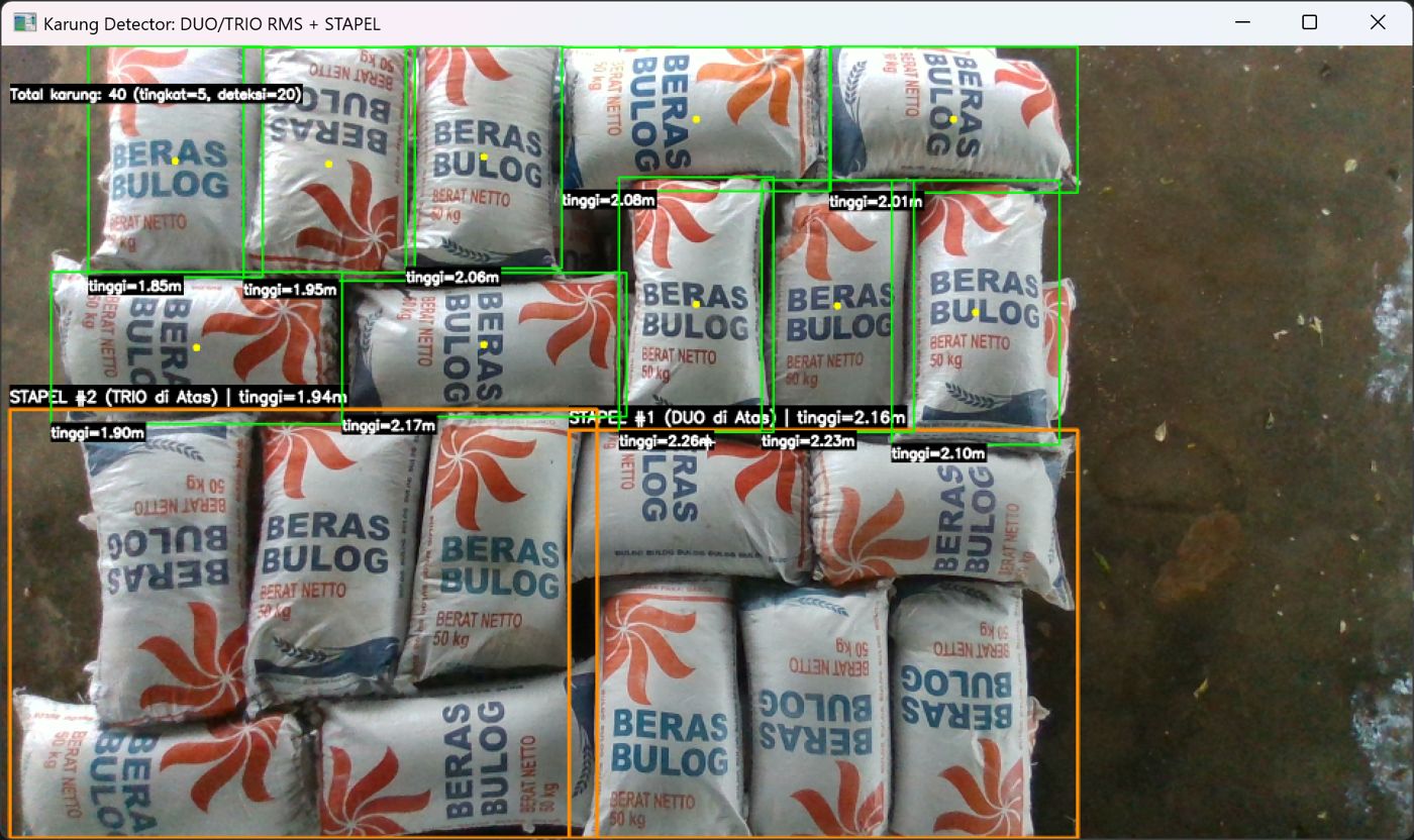 Detector window counting stacked rice sacks